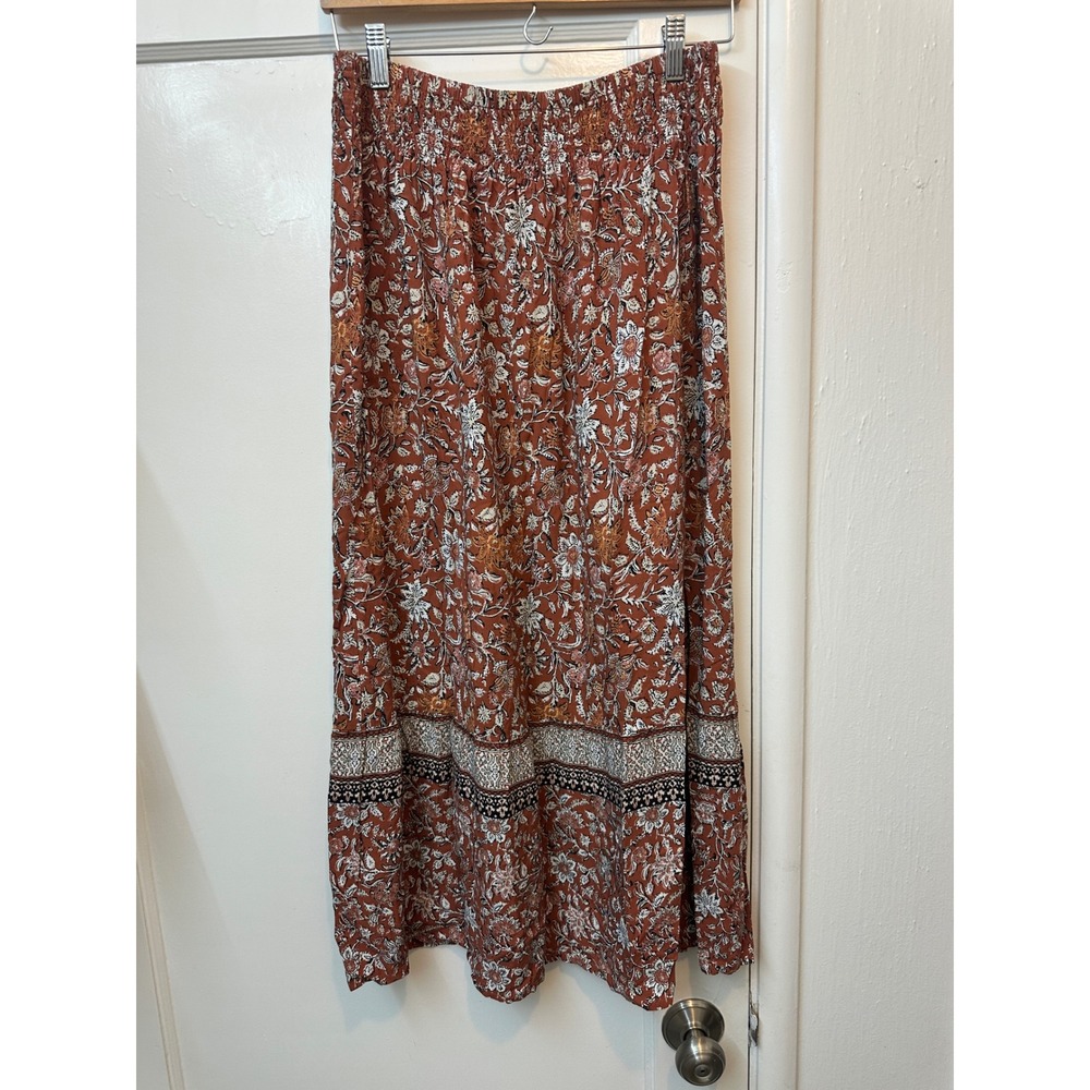 J. Jill Womens sz s Rust Floral Smocked Waist Rayon Maxi Skirt Boho Border Print